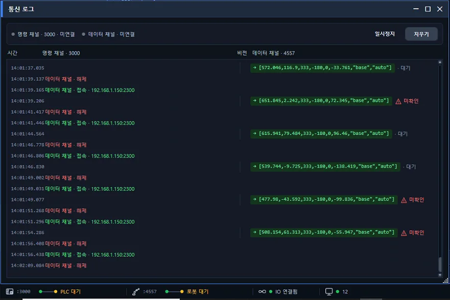통신 로그 창 — 왼쪽 명령 채널, 오른쪽 데이터 채널, 좌표 문자열 옆 대기·미확인 표시, 하단 실시간 상태 바
