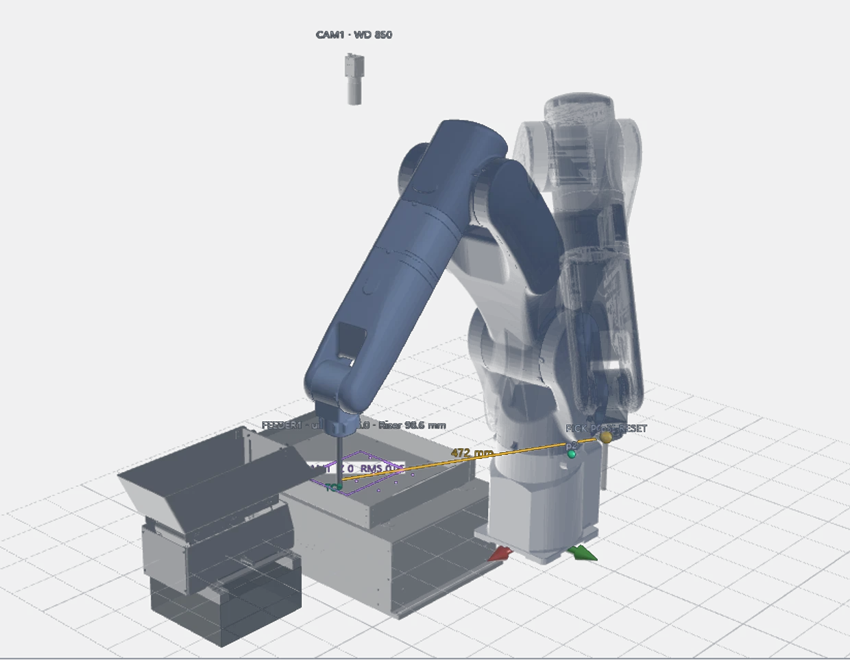 RobotSuite 3D 화면 — 같은 셀이 모델로 서 있다