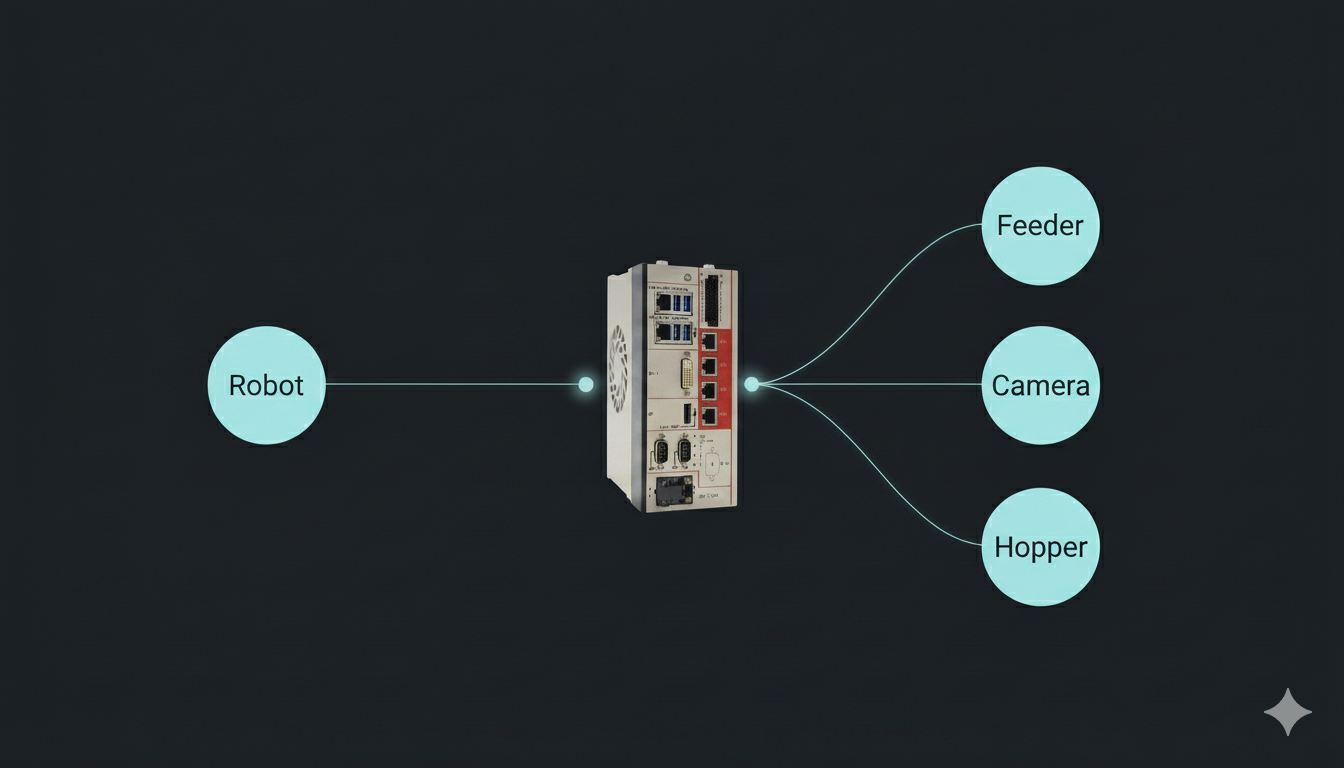 통합 플랫폼(컨트롤러-로봇·카메라·피더·호퍼) 연결 구조 예시