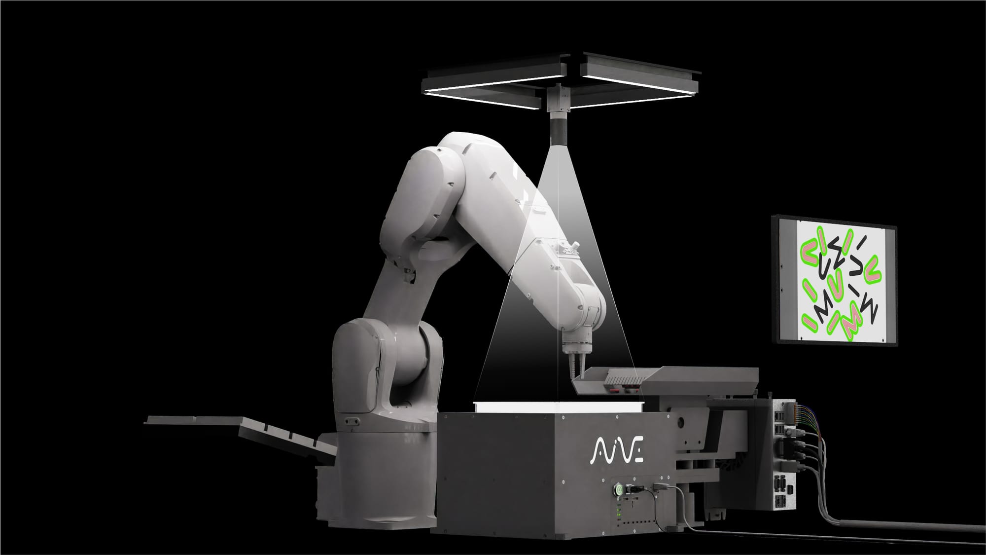 ビジョンが部品を認識しロボットのピックをガイドする統合セル — カメラ・認識画面・ロボット・フィーダー