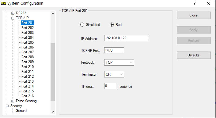 EPSON RC+ System Configuration — TCP/IP Port 201 setup (IP 192.168.0.122, Port 1470)