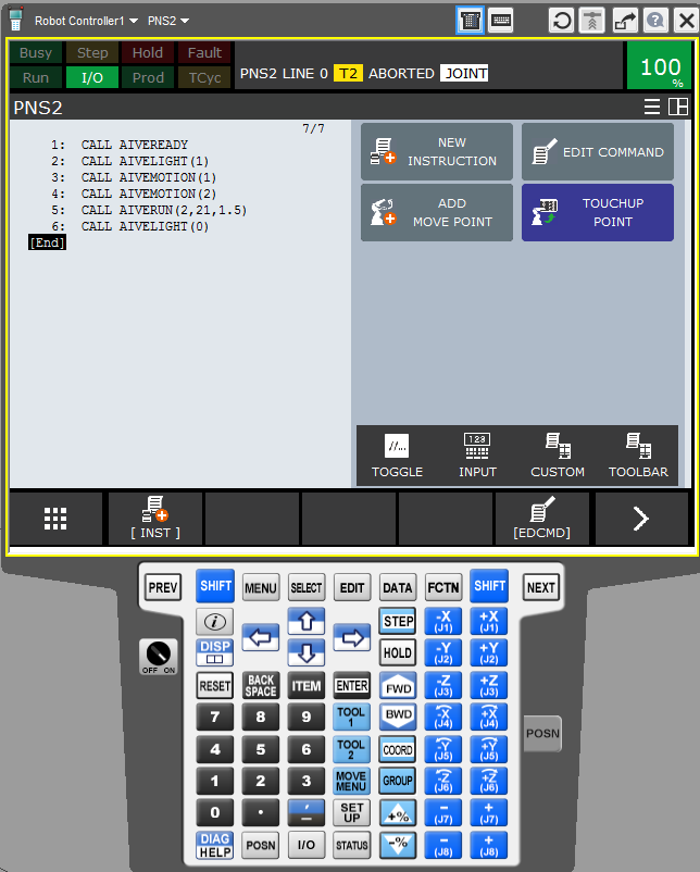 FANUC pendant — CALL AIVEREADY, AIVELIGHT, AIVEMOTION, AIVERUN sequence