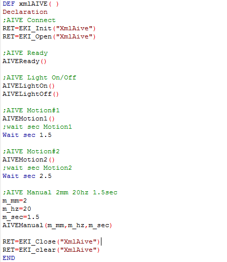 KRL main routine — EKI_Init, EKI_Open, AIVEReady, AIVEManual