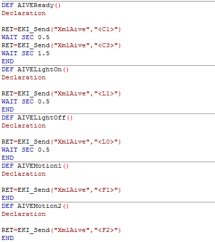 KRL function definitions — AIVEReady, AIVELightOn/Off, AIVEMotion1/2 (EKI_Send)