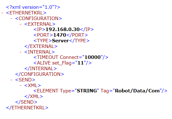 EthernetKRL XML config file — IP 192.168.0.30, PORT 1470, TYPE Server