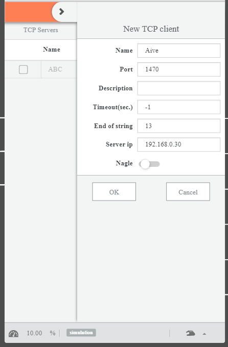 New TCP Client registration — Name: Aive, Port: 1470, Server ip: 192.168.0.30