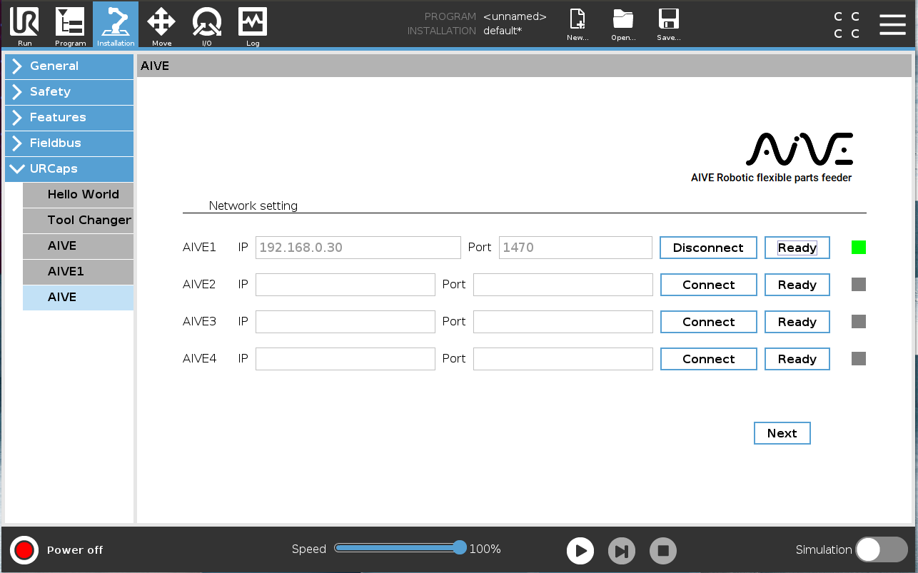 PolyScope URCaps AIVE — Network setting, AIVE1–4 IP/Port simultaneous connection