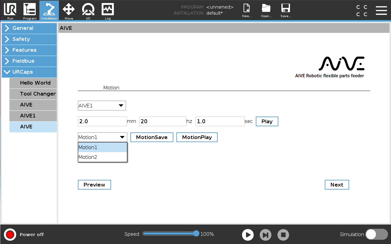 PolyScope URCaps AIVE — Motion setting (mm·hz·sec), MotionSave